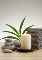Spa still life with candle, stones, towels and plant.