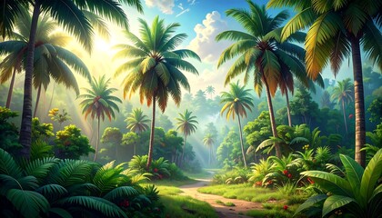 A sunlit path winds through a lush tropical forest, filled with vibrant greenery and towering palm trees, creating a serene and exotic atmosphere.