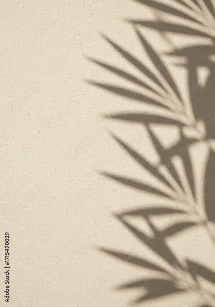 Poster the shadow of a palm leaf is cast on a light beige textured wall, creating a minimalist and serene b