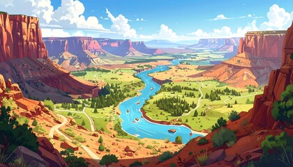 A vibrant, colorful landscape depicts a vast valley, a winding river, and majestic red rock formations, bathed in the warm light of a sunny day.