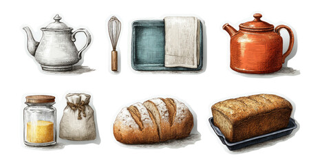 Hand-Drawn Kitchen Utensils and Baked Goods on Transparent Background