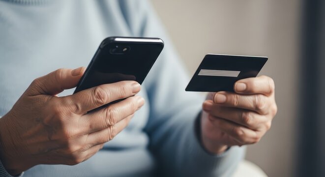 Close up of a person using a smartphone and holding a credit card for online payment