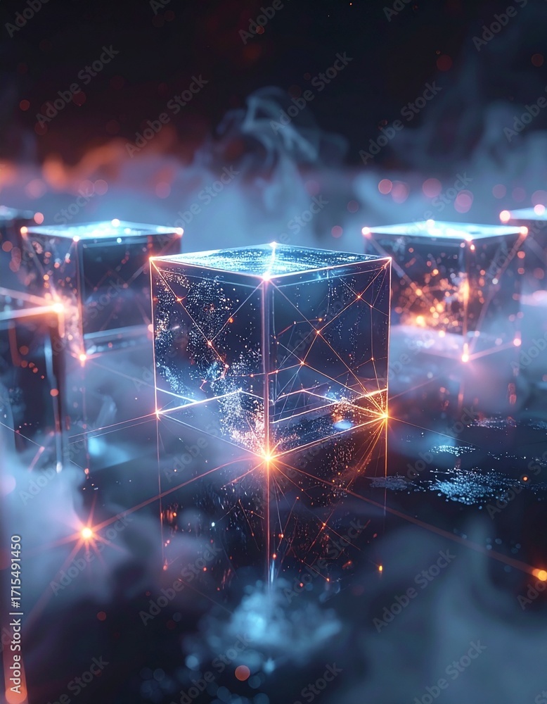 Poster futuristic translucent cubes with glowing lines in misty environment