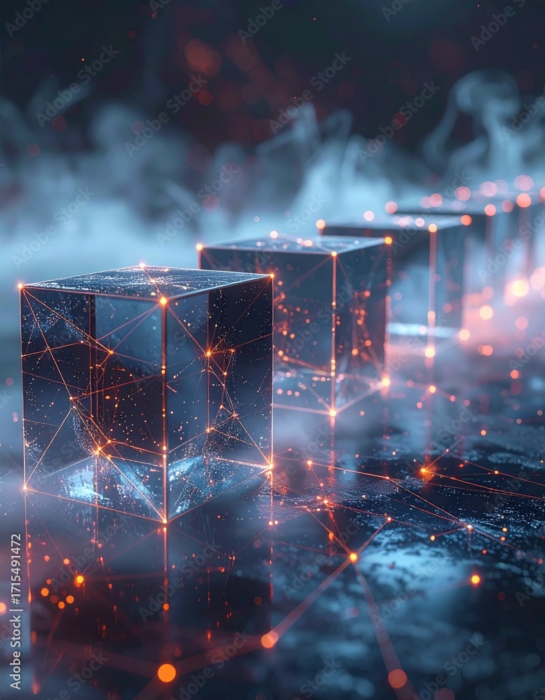 Poster futuristic translucent cubes with glowing lines and depth effects