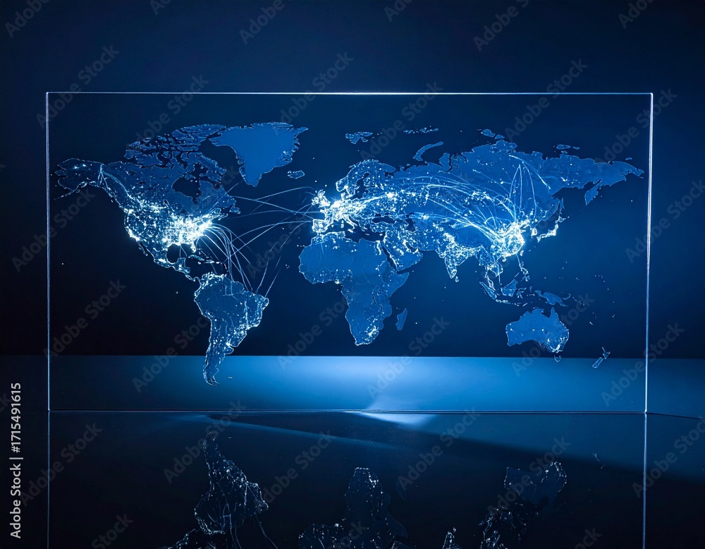 Poster illuminated world map showcasing global connections and networks