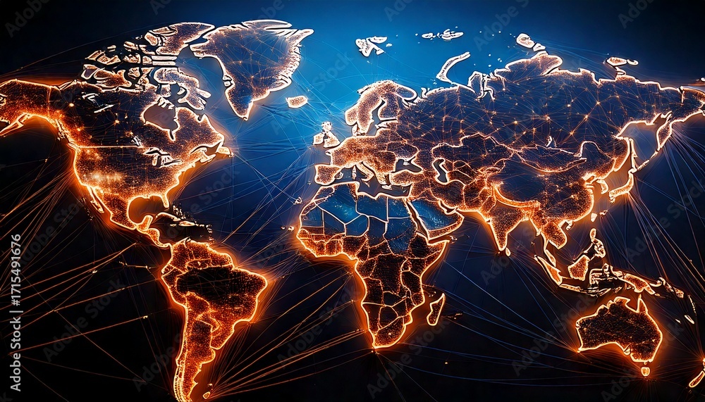 Poster abstract illuminated world map with glowing network connections