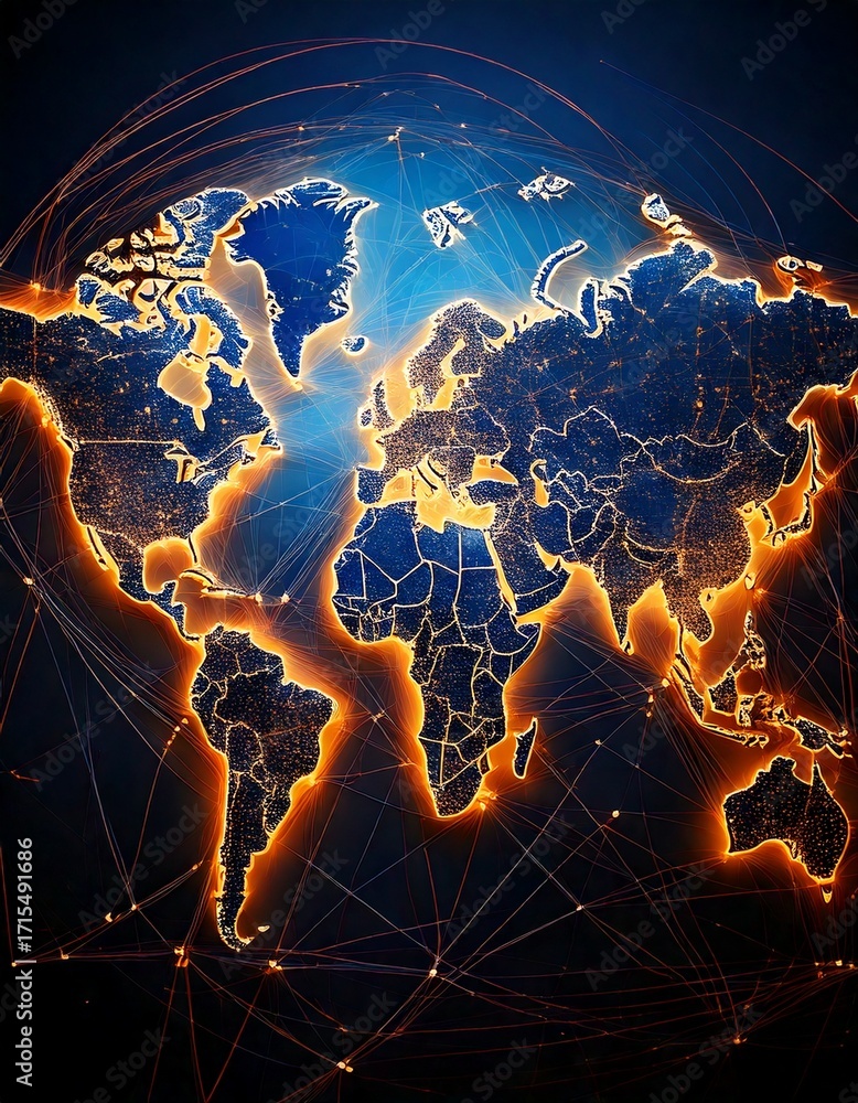 Poster illuminated world map with connections representing global networks