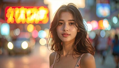 Portrait of a Young Woman with Curly Hair on a City Street at Dusk With Neon Lights and Bokeh Background