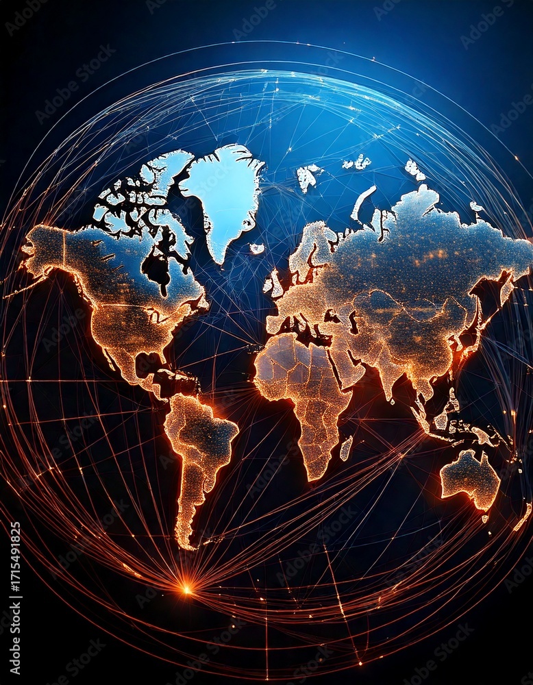 Poster abstract global map visualization with glowing connections and contine