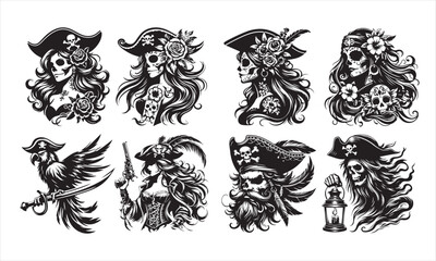 Obraz premium Eight Bundle Black and White Illustrations of Female Pirates, Skulls, and Roses skeleton
