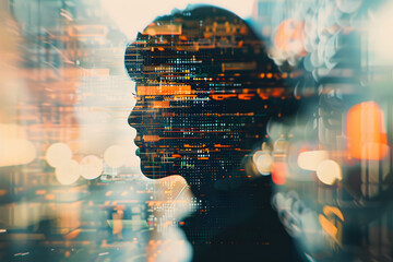 Futuristic human form broken into transparent digital layers, biometric scanning lines and holographic grids, cool abstract composition with glitch-inspired details, cinematic cyber aesthetic