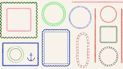 Charming decorative borders and frames featuring playful, hand-drawn textures in vibrant colors