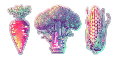 Vibrant Illustrations of Carrot, Broccoli, and Corn with Colorful Art Style
