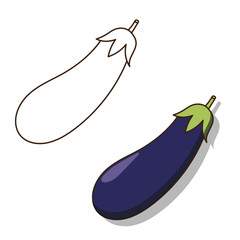 This is a digital illustration showing an eggplant in two different styles.