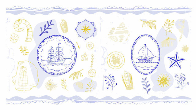 Whimsical nautical illustrations of sailboats and ships with decorative elements create charming coastal vibes