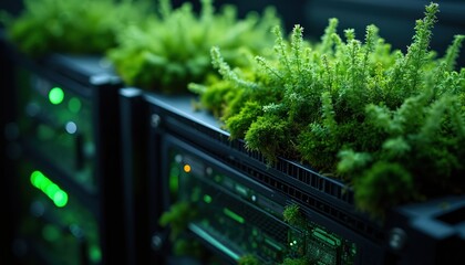 Green plants thrive on black servers, representing technology, eco-friendly solutions. Image blends nature, digital systems, growth, sustainability, innovation in computing environments.