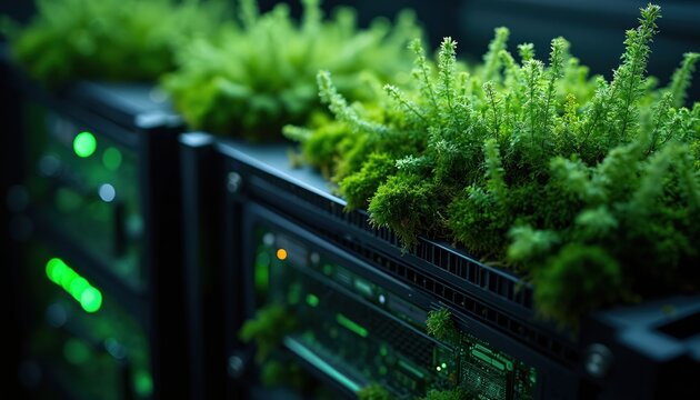 Green plants thrive on black servers, representing technology, eco-friendly solutions. Image blends nature, digital systems, growth, sustainability, innovation in computing environments. - Powered by Adobe