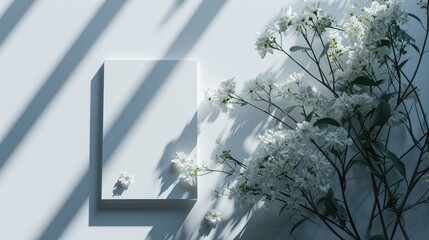 White flowers, a blank card, and sunlight casting shadows on a white background.