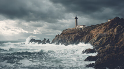 Old lighthouse on rocky coast with stormy waves and dramatic sky, sense of isolation and power