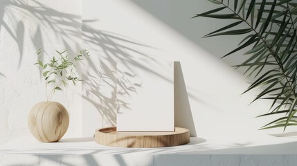Product display with blank white card on a wooden tray, accented by plants and dappled sunlight shadows.