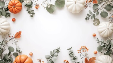 Flat lay autumnal arrangement featuring orange and white pumpkins, eucalyptus leaves, and berries, creating a frame around a blank space.