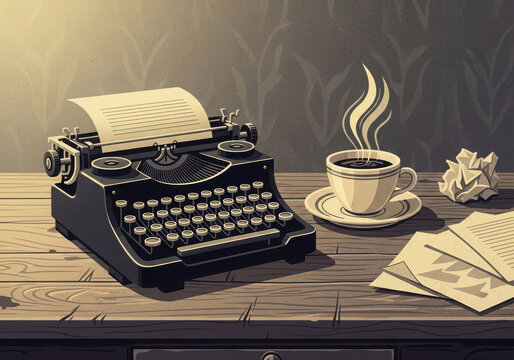 Vintage typewriter with steaming coffee and papers on a wooden desk