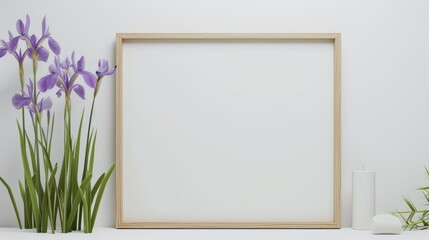 Light beige wooden frame sits beside purple irises and a white candle on a white background
