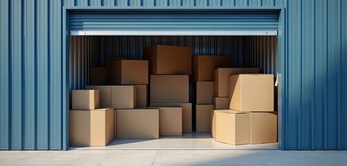 Clean open storage unit, stacked cardboard boxes. Secure facility for business, home, office. Ideal for logistics, moving, relocation, inventory, rental space.