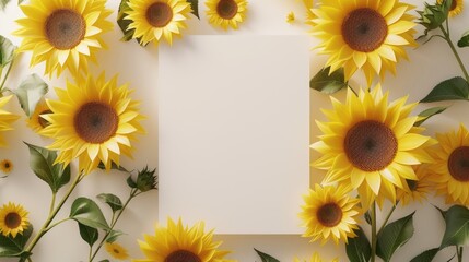 Blank card is surrounded by numerous vibrant sunflowers and their green leaves