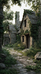 Ruined medieval village stone houses overgrown with ivy, atmospheric and tranquil scene