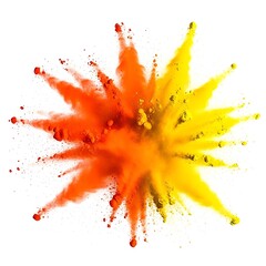 Vibrant explosion of orange and yellow colored powder against a bright white background.