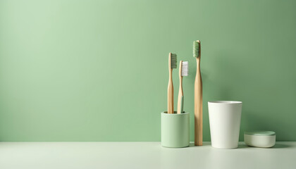 Minimalist dental care arrangement featuring bamboo toothbrushes in pastel green holder, white ceramic cup. Clean, organised bathroom accessories promote hygiene, health, sustainable wellness