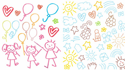 Joyful children's crayon drawings celebrate happy moments with sun, balloons, and hearts galore