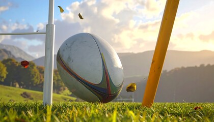 Rugby ball soaring through the autumnal countryside