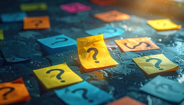 Question Marks on Colorful Sticky Notes on Dark Blue Surface with Depth of Field