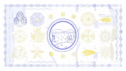 Charming blue and yellow artistic collage featuring nature motifs and travel elements