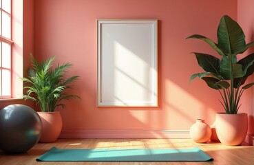 Calm pink yoga studio interior with mockup poster frame. Features exercise mat, large plants, exercise ball, and decor. Bright, clean space promotes wellness, fitness, and relaxation.