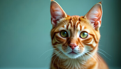 Ginger cat intense gaze embodies tranquility, beauty. Feline charm, peaceful expression, captivating green eyes fill frame. This close-up portrait highlights sweet, furry of cute, iconic animal.