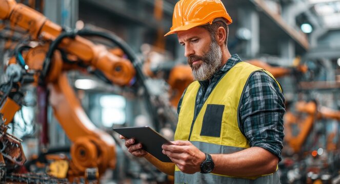 A man in a yellow vest is looking at a tablet while standing in a factory