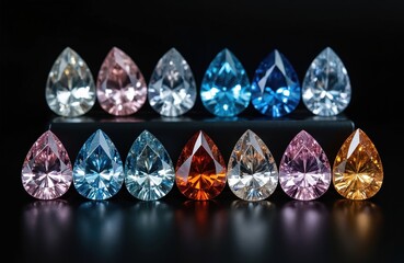 Collection of vibrant teardrop-shaped gemstones arranged neatly on sleek black surface. Gemstones display brilliant facets, varied colors from pink to blue to orange, with high-gloss finish, creating