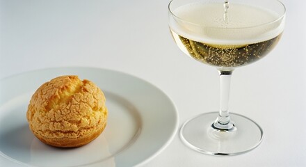Golden Pastry on White Plate with Sparkling Champagne in Coupe Glass, Capturing Elegant Fine Dining Dessert and Celebration Lifestyle