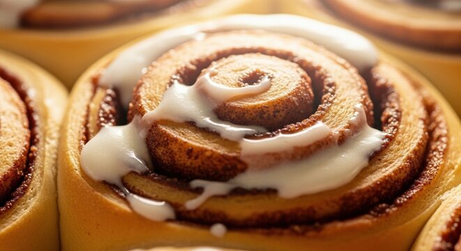 Golden Freshly Baked Cinnamon Roll with Sweet Vanilla Icing Drizzle, Capturing Warm Rustic Dessert Indulgence and Cozy Bakery Comfort
