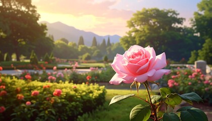 A stunning pink rose in a vibrant garden at sunrise, bathed in soft morning light.