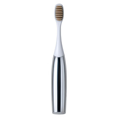 Sleek modern electric toothbrush with white and chrome handle and gold bristles transparent background