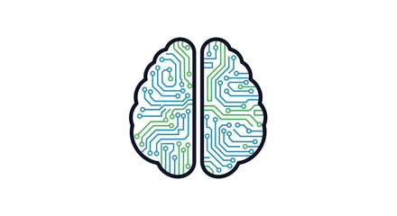 A stylized illustration of a human brain made of circuit board pathways, representing artificial intelligence and technology.