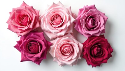 Obraz premium Collection of six beautiful roses in shades of pink, deep red, arranged on clean white background. Delicate petals showcase intricate detail, ideal for romantic themes, weddings, floral design