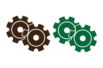 Two interlocking gears on a white background symbolizing teamwork and mechanics. Gear icon representing mechanics and engineering in a minimalist design. Setting or spinning wheel design  Vector icon.