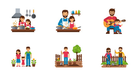 Fototapeta premium Family activities: cooking, playing guitar, gardening, and spending time together.