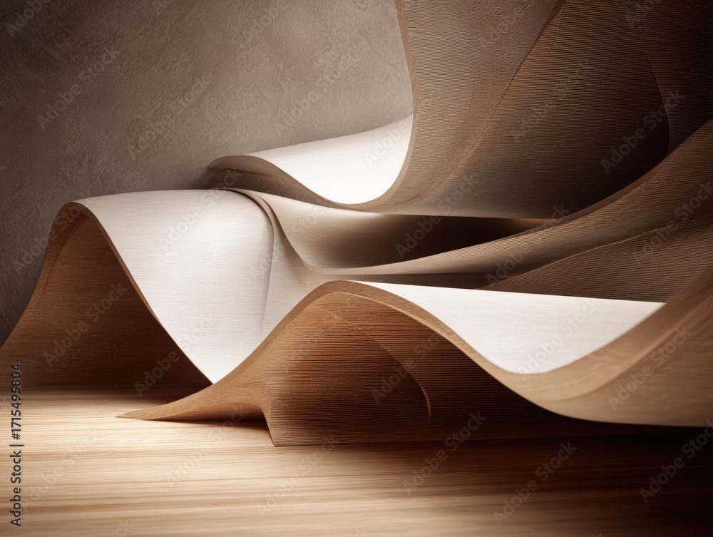 Poster modern abstract wooden architectural structure with smooth flowing curves and contrasting light and 