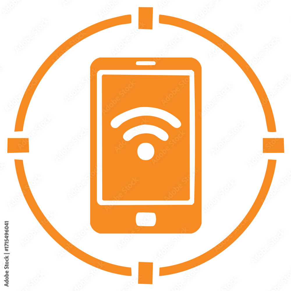 Poster stylized mobile phone with wireless connectivity signal in circular target orange communication tech